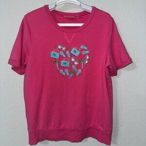 Quacker‎ Factory Pink Cotton top with Beach/Vacation inspired design Medium